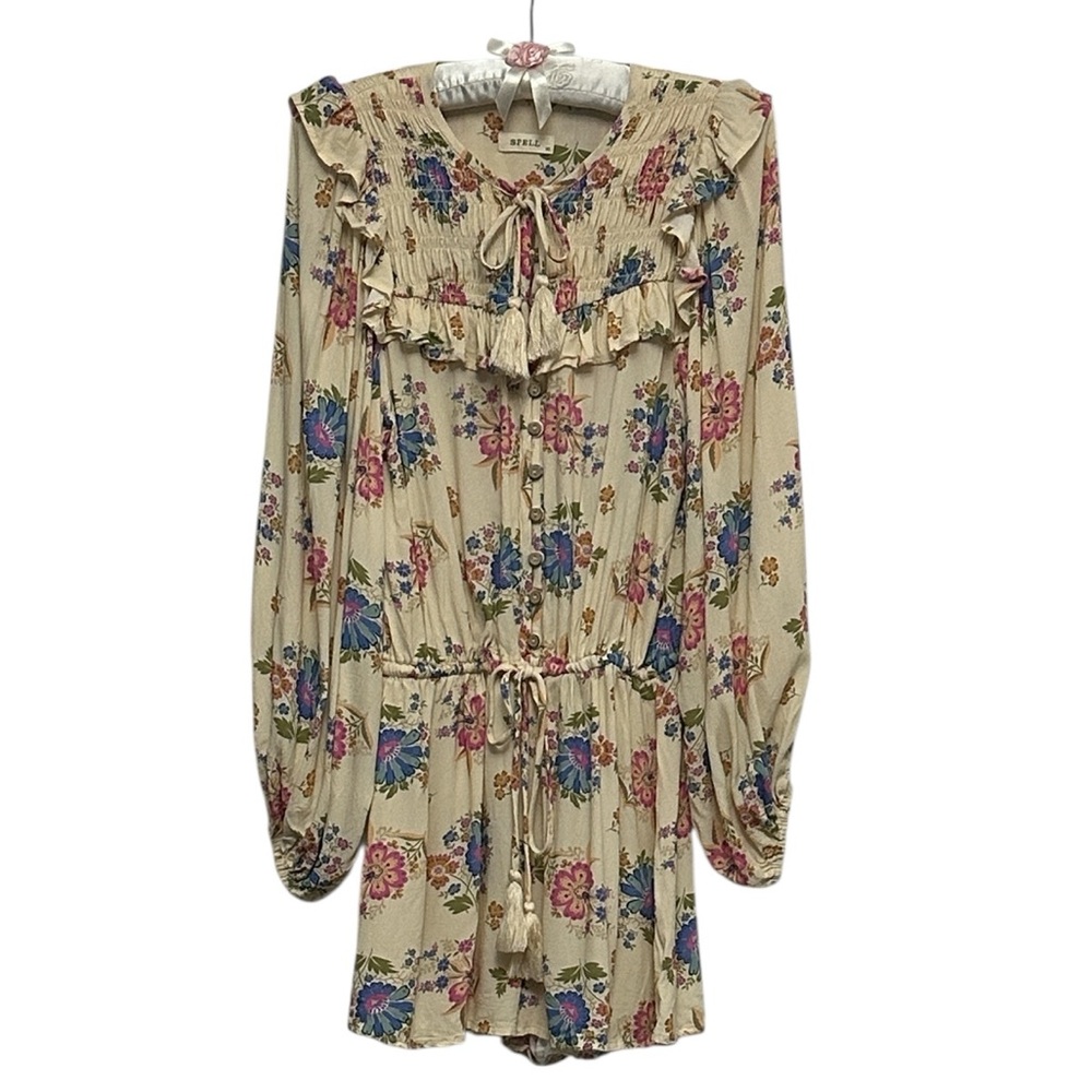 SPELL Solstice Cream Floral Long Sleeve Romper Ruffles Smocking Tassels size XS - Picture 4 of 13